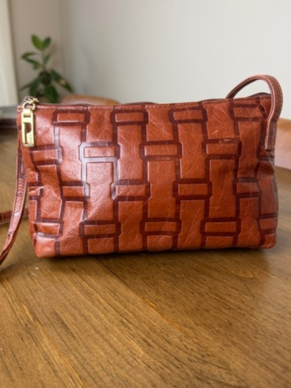 Vintage Pinky Handbag Brown Leather Geometric Embossed Pattern